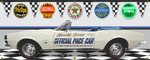 1967 CHEVROLET CAMARO INDY 500 PACE CAR WHITE BLUE CONVERTIBLE GARAGE SCENE SIDE VIEW BANNER SIGN ART MURAL VARIOUS SIZES