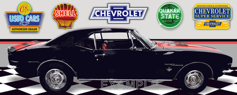 1967 CHEVROLET CAMARO RS BLACK W-RED STRIPES CAR GARAGE SCENE SIDE VIEW BANNER SIGN ART MURAL VARIOUS SIZES