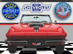 1967 CHEVROLET CORVETTE STING RAY CONVERTIBLE RALLY RED BLACK STINGER CAR GARAGE SCENE FRONT OR SIDE VIEW BANNER SIGN ART MURAL