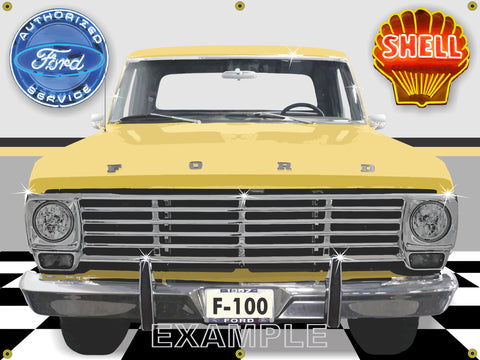 1967 FORD F100 TRUCK YELLOW GARAGE SCENE FRONT VIEW 3' X 4' BANNER SIGN CAR ART MURAL