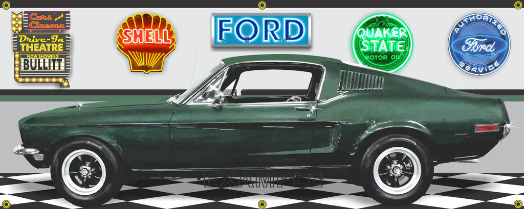 1968 FORD MUSTANG FASTBACK BULLITT HIGHLAND GREEN MOVIE CAR GARAGE SCENE SIDE VIEW BANNER SIGN CAR ART MURAL VARIOUS SIZES