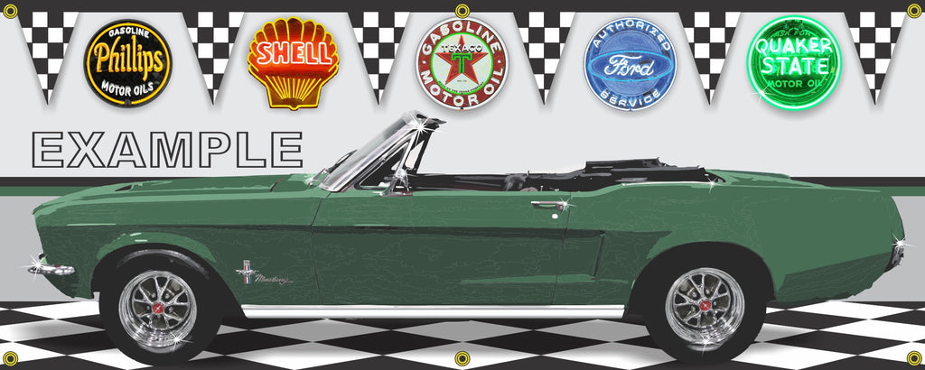1968 FORD MUSTANG CONVERTIBLE HIGHLAND GREEN CAR GARAGE SCENE SIDE VIEW BANNER SIGN CAR ART MURAL VARIOUS SIZES
