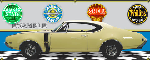 1968 OLDSMOBILE CUTLASS 442 SAFFRON YELLOW CAR GARAGE SCENE SIDE VIEW BANNER SIGN ART MURAL VARIOUS SIZES
