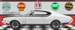 1968 OLDSMOBILE HURST OLDS CUTLASS SILVER CAR GARAGE SCENE SIDE VIEW BANNER SIGN ART MURAL VARIOUS SIZES