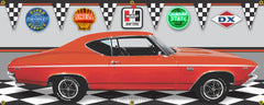 1969 CHEVROLET CHEVELLE SS 396 LIGHT RED/ORANGE W/WHITE STRIPES BLACK INTERIOR CAR GARAGE SCENE SIDE VIEW BANNER SIGN ART MURAL VARIOUS SIZES