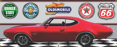 1969 OLDSMOBILE OLDS 442 RED HARDTOP BLACK INT GARAGE SCENE SIDE VIEW BANNER SIGN CAR ART MURAL VARIOUS SIZES