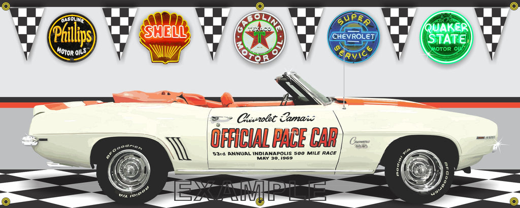 1969 CHEVROLET CAMARO INDY 500 PACE CAR WHITE GARAGE SCENE SIDE VIEW BANNER SIGN ART MURAL VARIOUS SIZES