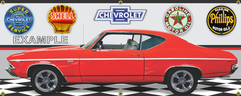 1969 CHEVROLET CHEVELLE SS RED WHITE INTERIOR CAR GARAGE SCENE SIDE VIEW BANNER SIGN ART MURAL VARIOUS SIZES