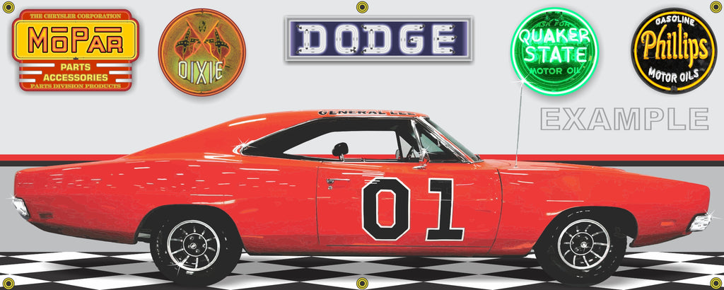 1969 DODGE CHARGER GENERAL LEE CAR GARAGE SCENE SIDE VIEW BANNER SIGN ART MURAL VARIOUS SIZES