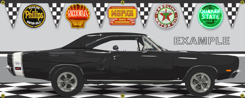1969 DODGE CORONET RT BLACK MOPAR MUSCLE GARAGE SCENE SIDE VIEW BANNER SIGN CAR ART MURAL VARIOUS SIZES