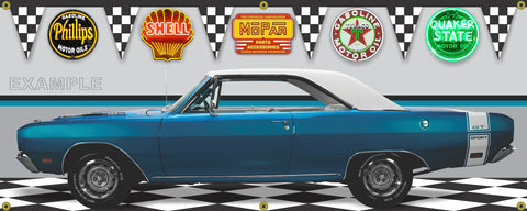 1969 DODGE DART GTS BLUE WHITE CAR GARAGE SCENE SIDE VIEW 2' X 5' BANNER SIGN CAR ART MURAL