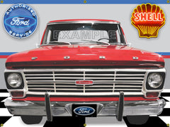 1969 FORD F-100 RANGER RED TRUCK GARAGE SCENE SIDE VIEW BANNER SIGN CAR ART MURAL 4' X 3'