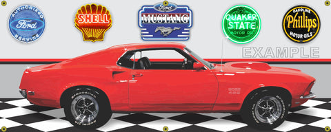 1969 FORD MUSTANG BOSS 429 FASTBACK RED SIDE VIEW CAR MURAL GARAGE SCENE PRINTED BANNER SIGN ART VARIOUS SIZES