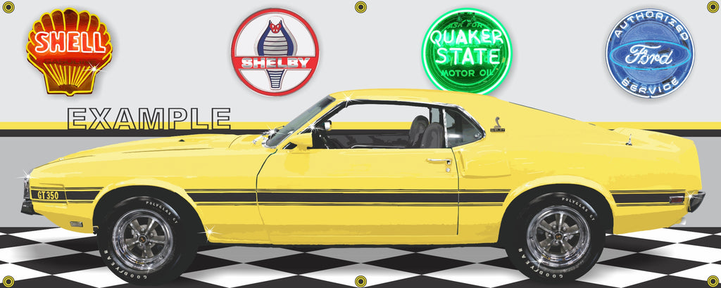 1969 MUSTANG SHELBY GT350 YELLOW BLACK CAR GARAGE SCENE SIDE VIEW BANNER SIGN CAR ART MURAL VARIOUS SIZES