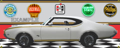 1969 OLDSMOBILE HURST OLDS 442 WHITE GARAGE SCENE SIDE VIEW BANNER SIGN CAR ART MURAL VARIOUS SIZES