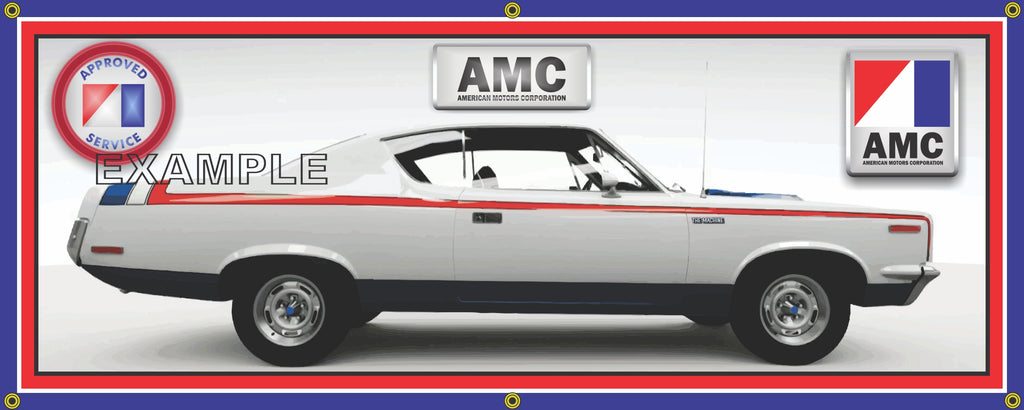 1970 AMC REBEL THE MACHINE RED WHITE BLUE CAR GARAGE SCENE SIDE VIEW BANNER SIGN ART MURAL VARIOUS SIZES