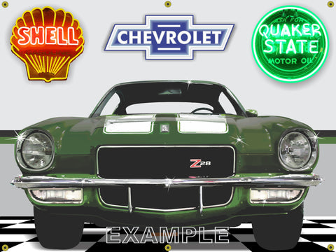 1970 CHEVROLET CAMARO Z28 GREEN CAR GARAGE SCENE SIDE VIEW BANNER SIGN CAR ART MURAL 4' X 3'