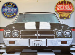 1970 CHEVELLE SS BLACK-WHITE STRIPES GARAGE SCENE Neon Effect Sign Printed Banner 4' x 3'