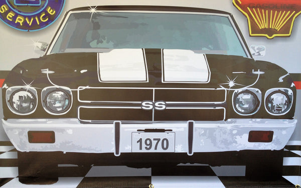 1970 CHEVELLE SS BLACK-WHITE STRIPES GARAGE SCENE Neon Effect Sign Printed Banner 4' x 3'