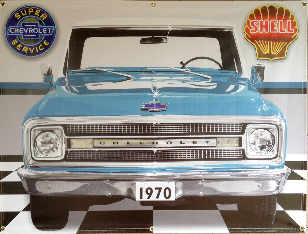 1970 CHEVY C10 TRUCK MEDIUM BLUE GARAGE SCENE Neon Effect Sign Printed Banner 4' x 3'