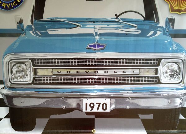 1970 CHEVY C10 TRUCK MEDIUM BLUE GARAGE SCENE Neon Effect Sign Printed Banner 4' x 3'