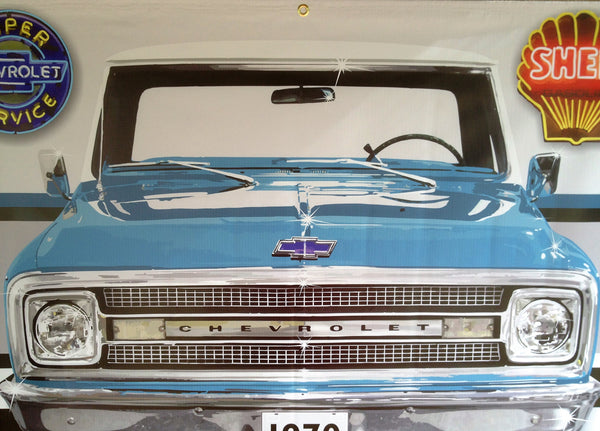 1970 CHEVY C10 TRUCK MEDIUM BLUE GARAGE SCENE Neon Effect Sign Printed Banner 4' x 3'