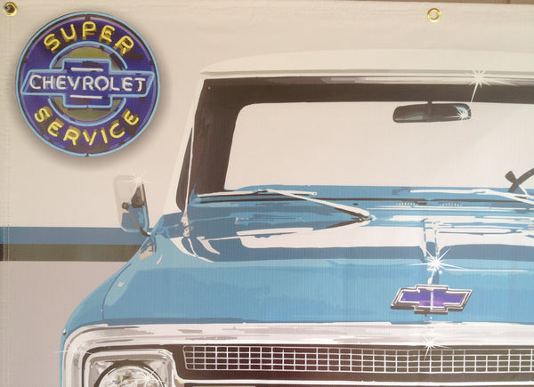 1970 CHEVY C10 TRUCK MEDIUM BLUE GARAGE SCENE Neon Effect Sign Printed Banner 4' x 3'
