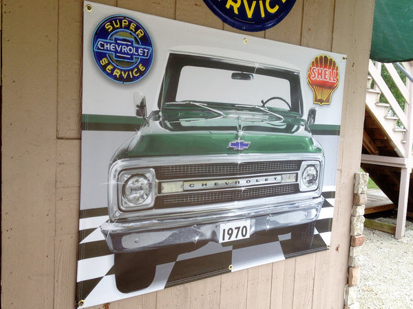1970 CHEVY C10 TRUCK GREEN GARAGE SCENE Neon Effect Sign Printed Banner 4' x 3'