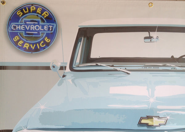 1970 CHEVY C10 TRUCK LIGHT BLUE GARAGE SCENE Neon Effect Sign Printed Banner 4' x 3'