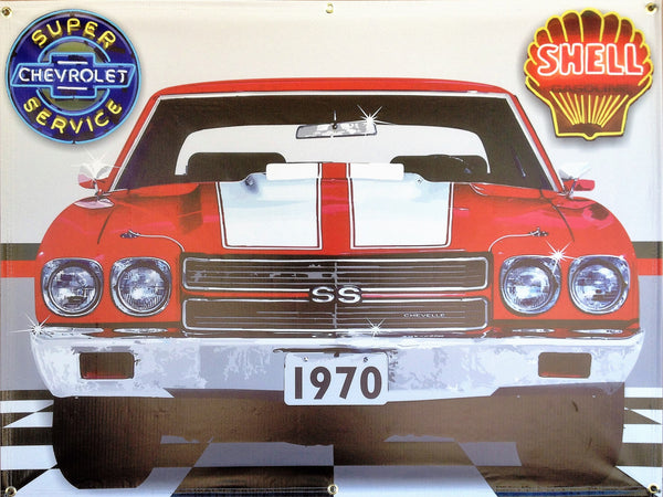 1970 CHEVY CHEVROLET CHEVELLE SS RED/WHITE STRIPES GARAGE SCENE BANNER MURAL 4' x 3'