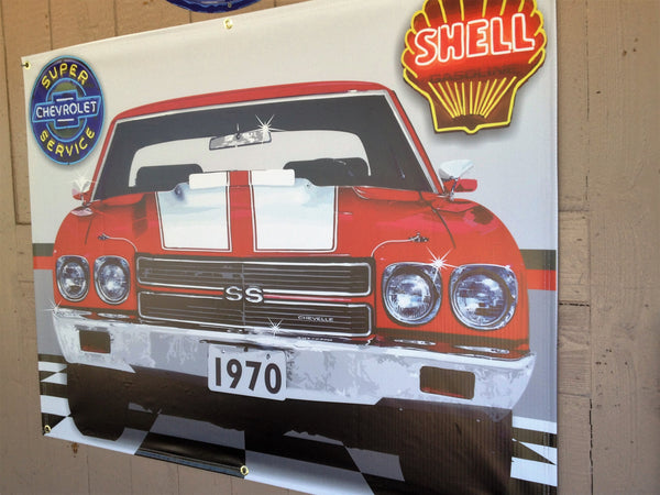 1970 CHEVY CHEVROLET CHEVELLE SS RED/WHITE STRIPES GARAGE SCENE BANNER MURAL 4' x 3'