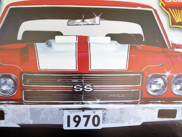 1970 CHEVY CHEVROLET CHEVELLE SS RED/WHITE STRIPES GARAGE SCENE BANNER MURAL 4' x 3'