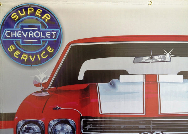 1970 CHEVY CHEVROLET CHEVELLE SS RED/WHITE STRIPES GARAGE SCENE BANNER MURAL 4' x 3'