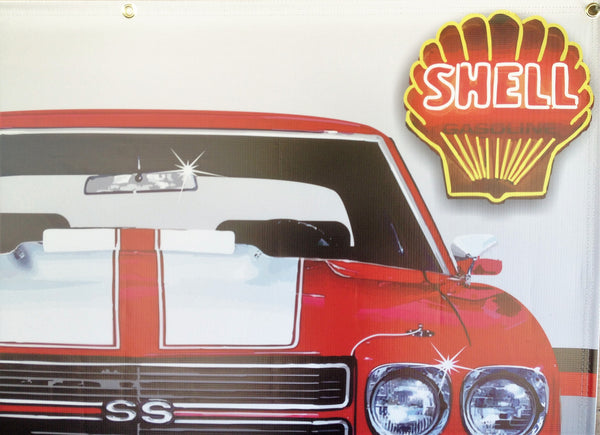 1970 CHEVY CHEVROLET CHEVELLE SS RED/WHITE STRIPES GARAGE SCENE BANNER MURAL 4' x 3'