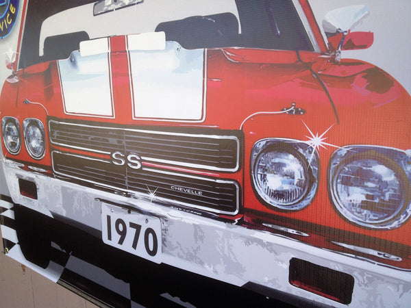 1970 CHEVY CHEVROLET CHEVELLE SS RED/WHITE STRIPES GARAGE SCENE BANNER MURAL 4' x 3'