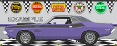 1970 DODGE CHALLENGER TA PLUM CRAZY/BLACK CAR GARAGE SCENE SIDE VIEW BANNER SIGN CAR ART MURAL VARIOUS SIZES