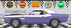 1970 DODGE CHALLENGER TA PLUM CRAZY/WHITE CAR GARAGE SCENE SIDE VIEW BANNER SIGN CAR ART MURAL VARIOUS SIZES