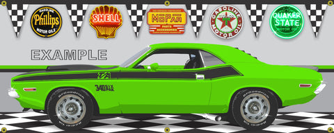 1970 DODGE CHALLENGER TA SUBLIME GREEN CAR GARAGE SCENE SIDE VIEW BANNER SIGN CAR ART MURAL VARIOUS SIZES