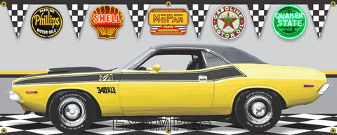1970 DODGE CHALLENGER TA TOP BANANA YELLOW CAR GARAGE SCENE SIDE VIEW BANNER SIGN CAR ART MURAL VARIOUS SIZES