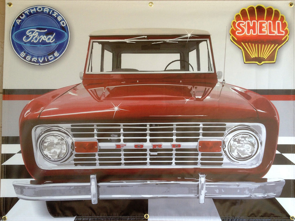 1970 FORD BRONCO RED GARAGE SCENE Neon Effect Sign Printed Banner 4' x 3'