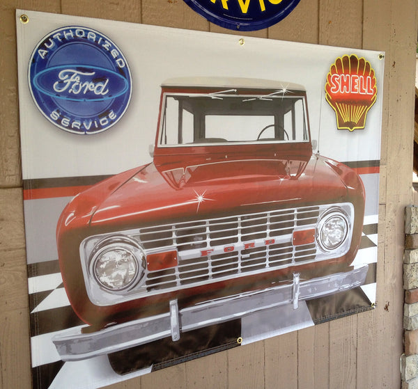 1970 FORD BRONCO RED GARAGE SCENE Neon Effect Sign Printed Banner 4' x 3'