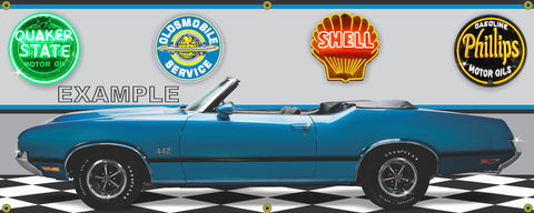 1970 OLDSMOBILE 442 CONVERTIBLE VIKING BLUE CAR GARAGE SCENE SIDE VIEW 2' X 5' BANNER SIGN CAR ART MURAL