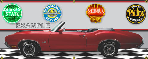 1970 OLDSMOBILE 442 FLAME RED CONVERTIBLE CAR GARAGE SCENE SIDE VIEW BANNER SIGN ART MURAL VARIOUS SIZES