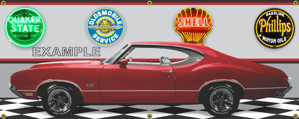 1970 OLDSMOBILE 442 FLAME RED HARD TOP WHITE INT STRIPES CAR GARAGE SCENE SIDE VIEW 2' X 5' BANNER SIGN CAR ART MURAL