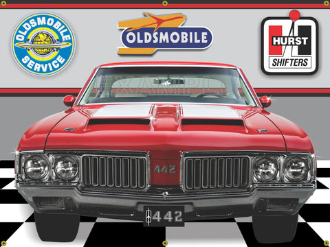 1970 OLDSMOBILE CUTLASS 442 FIRE RED CAR GARAGE SCENE FRONT VIEW 3' X 4' BANNER SIGN CAR ART MURAL