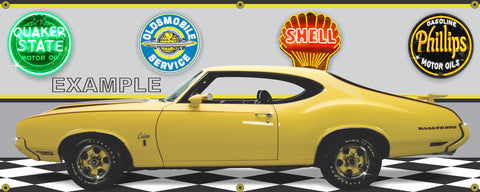 1970 OLDSMOBILE CUTLASS RALLYE 350 SEBRING YELLOW CAR GARAGE SCENE SIDE VIEW BANNER SIGN ART MURAL VARIOUS SIZES