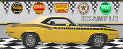 1970 PLYMOUTH AAR CUDA LEMON TWIST YELLOW CAR GARAGE SCENE SIDE VIEW BANNER SIGN CAR ART MURAL VARIOUS SIZES