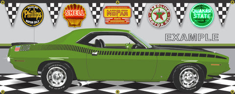 1970 PLYMOUTH AAR CUDA LIME GREEN FF4 CAR GARAGE SCENE SIDE VIEW BANNER SIGN ART MURAL VARIOUS SIZES