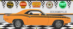 1970 PLYMOUTH AAR CUDA ORANGE VITAMIN C CAR GARAGE SCENE SIDE VIEW BANNER SIGN CAR ART MURAL VARIOUS SIZES