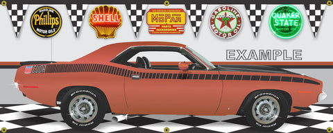 1970 PLYMOUTH AAR CUDA TOR-RED HEMI ORANGE CAR GARAGE SCENE SIDE VIEW BANNER SIGN ART MURAL VARIOUS SIZES